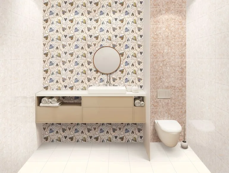 Modern mable bathroom design featuring soft beige tones